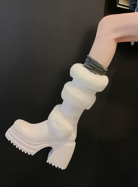 小个子羊毛厚底雪地靴女秋冬加绒保暖长靴粗跟高筒靴毛毛骑士靴子