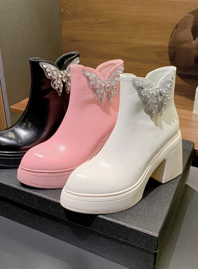 小个子10cm厚底增高粗跟马丁靴秋季新款头层牛皮时尚方头防水台靴