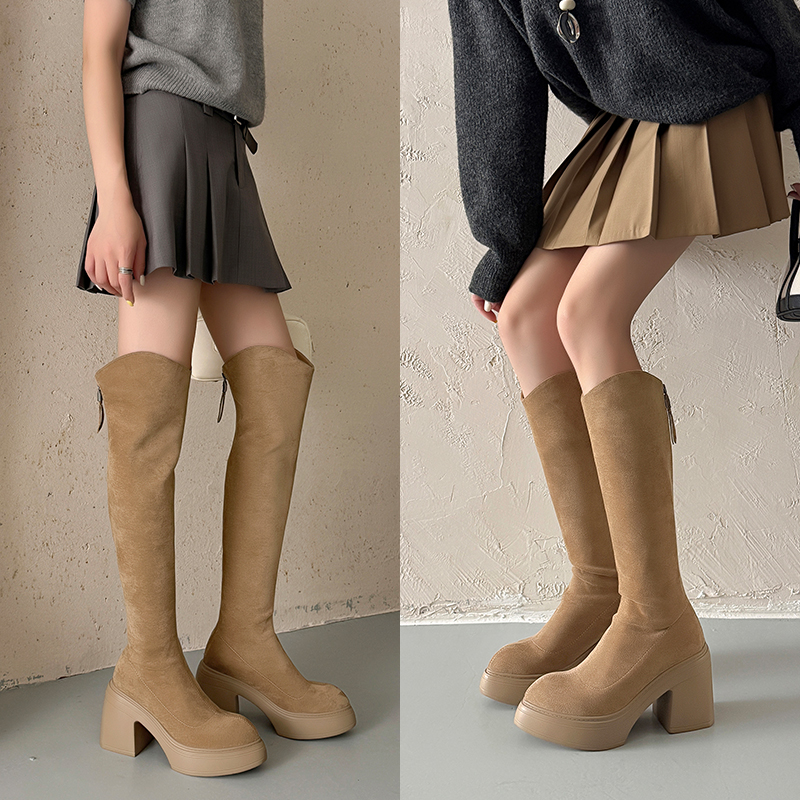 10cm超高跟尖头高跟高筒靴小个子增高防水台后拉链过膝时尚女靴