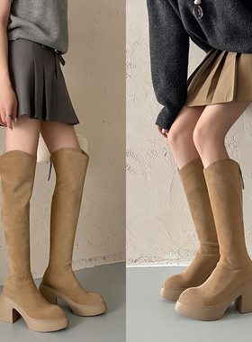 10cm超高跟尖头高跟高筒靴小个子增高防水台后拉链过膝时尚女靴