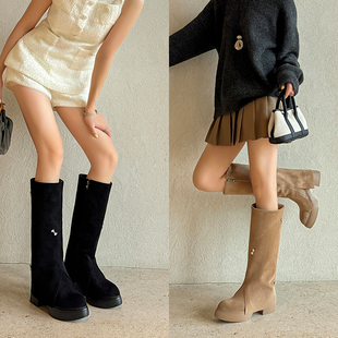 10cm超高跟粗跟尖头小个子不过膝靴秋冬女水钻侧拉链直筒裤管靴