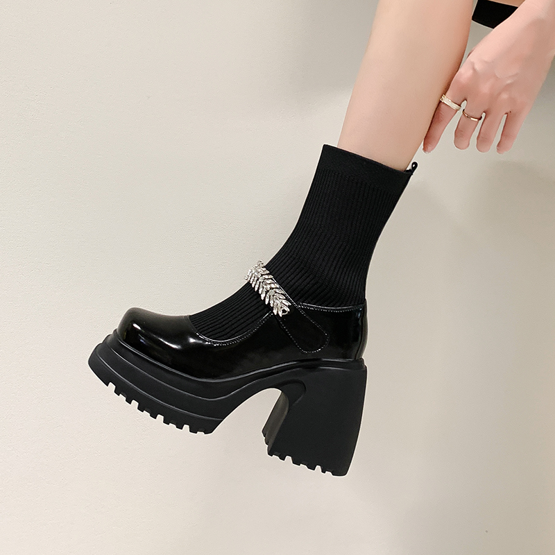 瘦瘦弹力袜靴女粗跟厚底防水台小个子增高短靴真皮10厘米高跟靴子