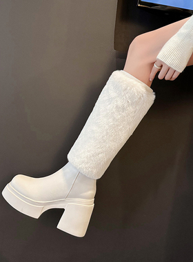 小个子厚底增高10CM加绒加厚长筒靴女小众粗跟骑士靴真皮雪地靴