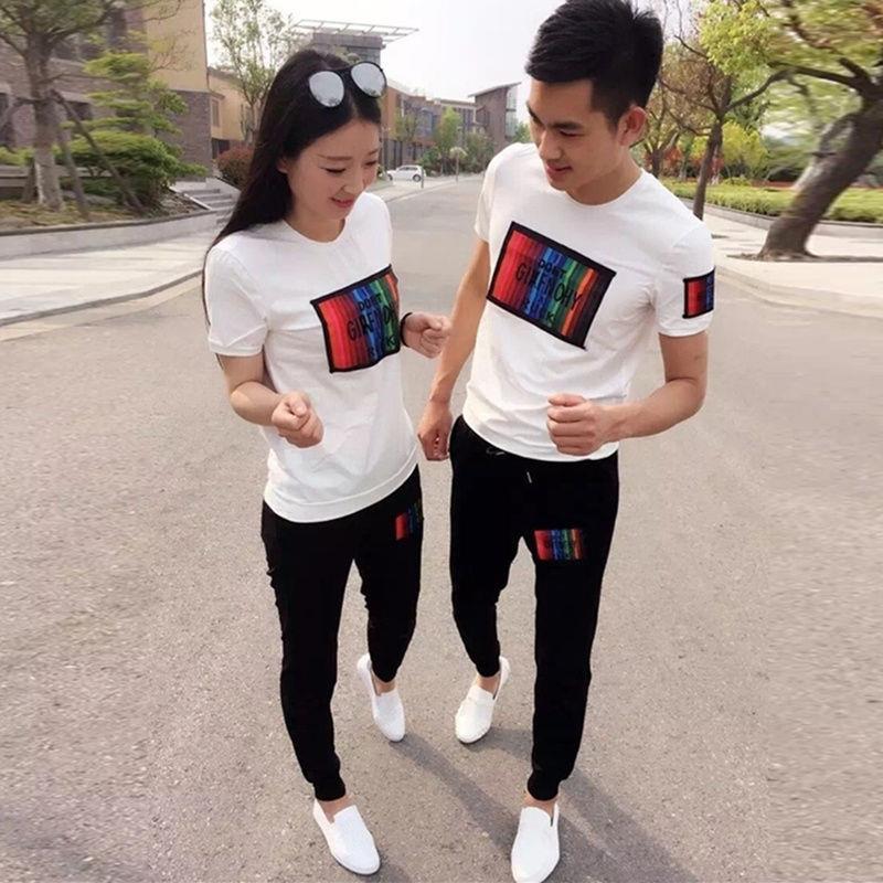 夏季运动服休闲套装男情侣服学生短袖t恤男情侣修身长裤两件套装