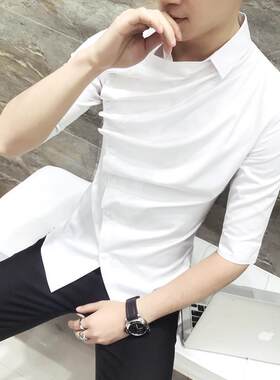 韩版潮男7分七分袖衬衫衣服修身男模发型师理发男士夜场潮装村衫