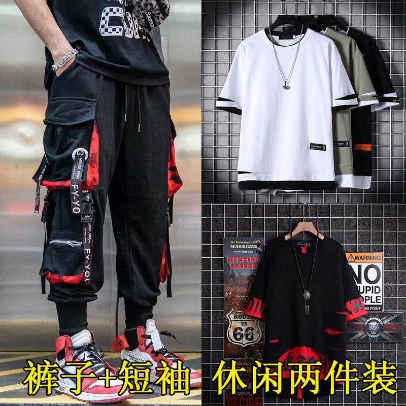 夏季新款工装裤休闲套装潮T嘻哈短袖韩版宽松青少年男装一套上衣