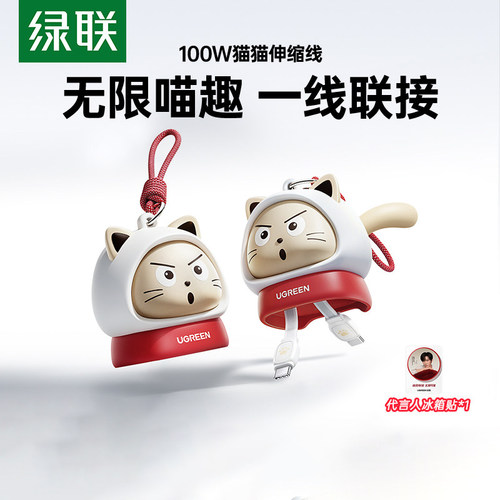 绿联100W猫猫双Type-C伸缩充电线