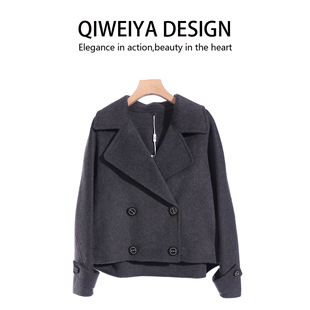 轻奢赫本风双面呢大衣女冬时尚羊毛呢外套深灰色双排扣羊绒短外套