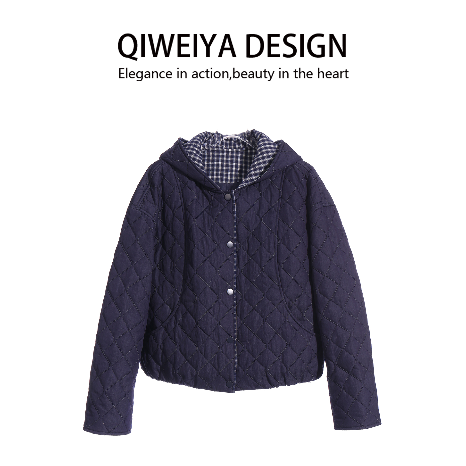 欧货高级感格子拼接菱形格棉衣棉服女秋冬百搭轻薄夹棉连帽外套