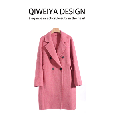 粉色双面羊绒大衣中长款