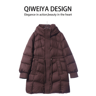 云朵90白鹅绒羽绒服女中长款连帽收腰束带棕色长款外套2025冬