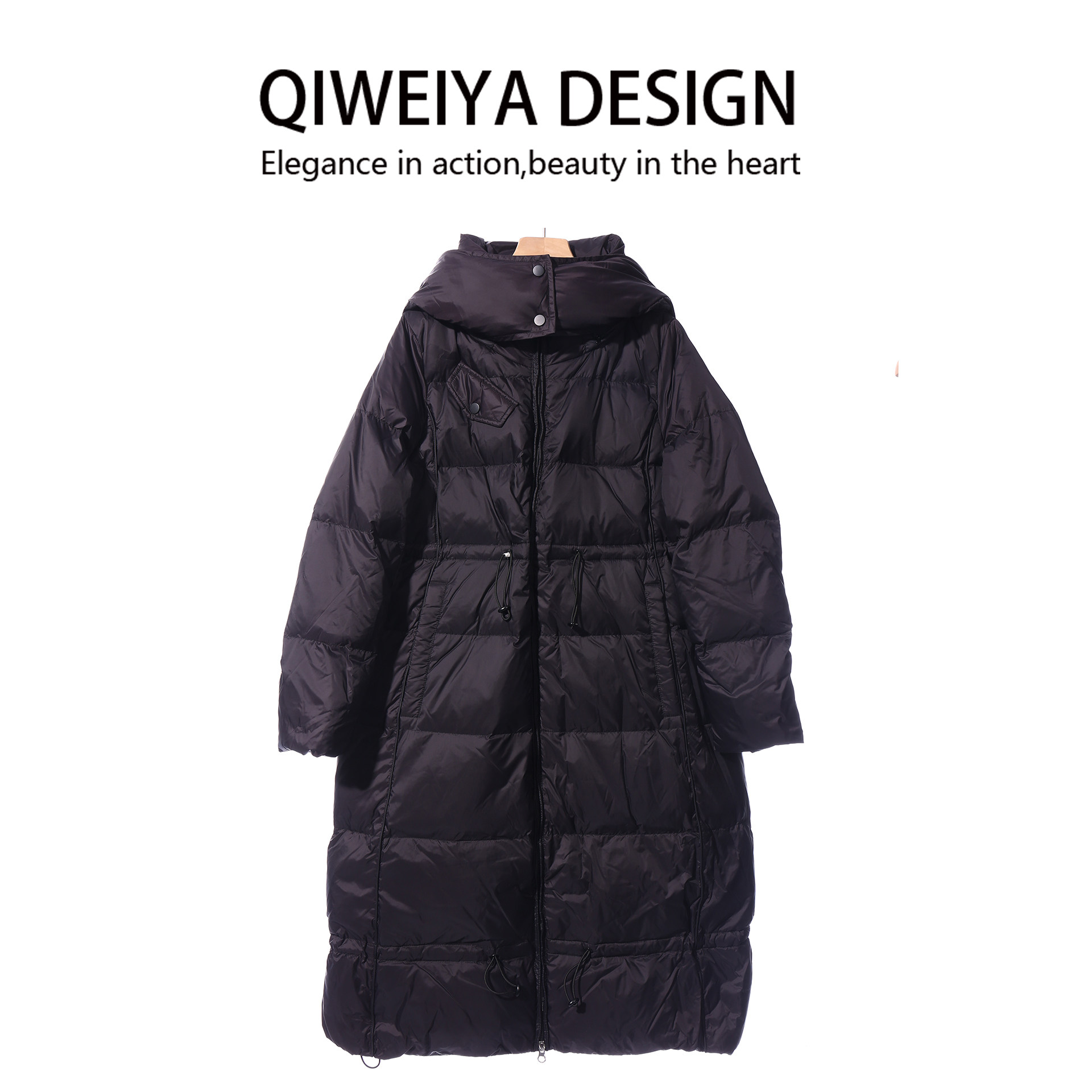 黑色长款连帽羽绒服女加厚保暖收腰外套冬季新款