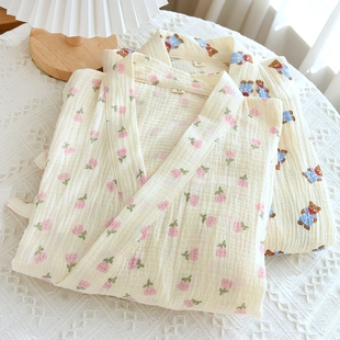 系带浴袍 和服式 睡袍女夏薄款 纯棉双层纱布全棉绉布清新休闲中长款