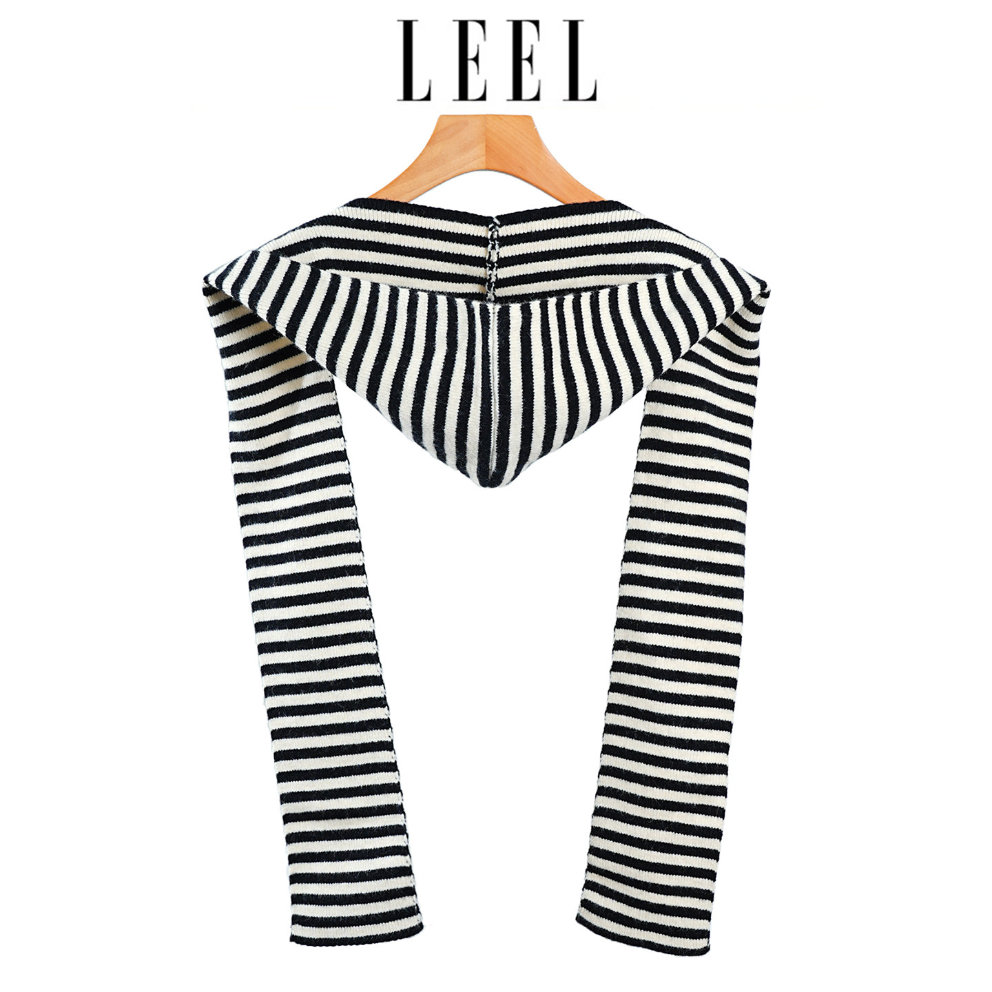 LEEL黑白条纹连帽披肩女秋冬季装饰外搭大衣坎肩针织帽子围巾一体