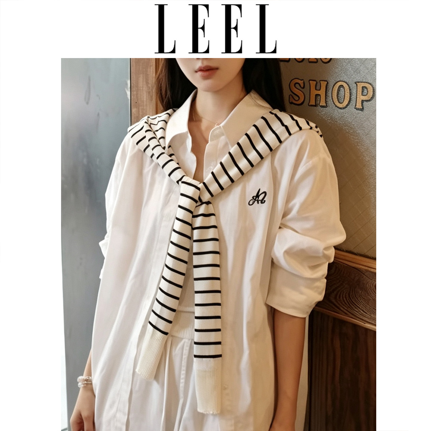 LEEL黑白条纹披肩针织女外搭配衬衫T恤叠穿坎肩假领子老钱风百搭