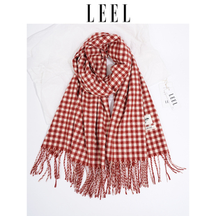 LEEL复古文艺格子围巾女秋冬季学生高级氛围感保暖围脖配大衣韩系