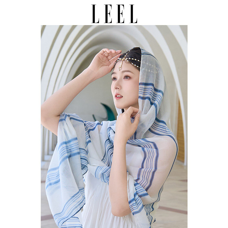 LEEL明星同款披肩夏季韩版薄纱巾围脖条纹棉麻围巾沙漠防晒丝巾女