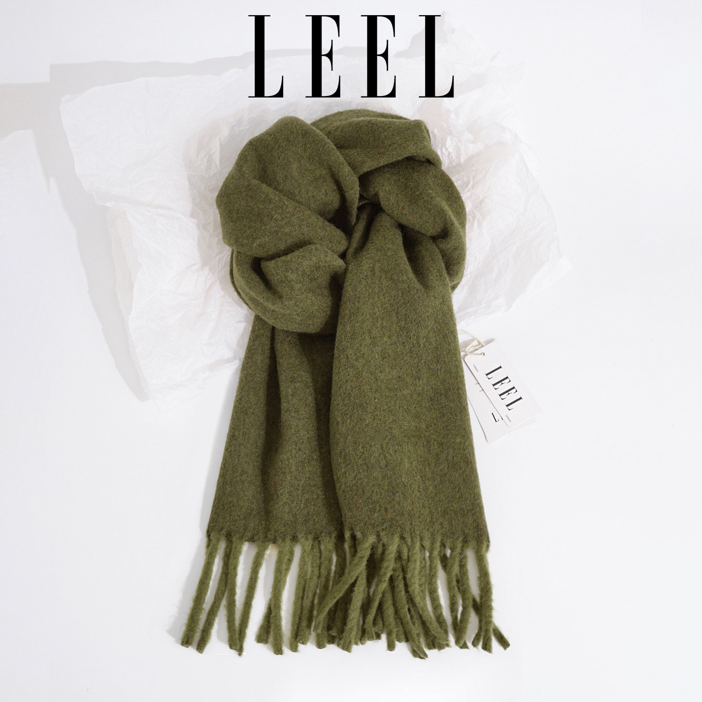 LEEL氛围感军绿色羊毛围巾女冬季2025新款纯色马海毛保暖围脖礼物
