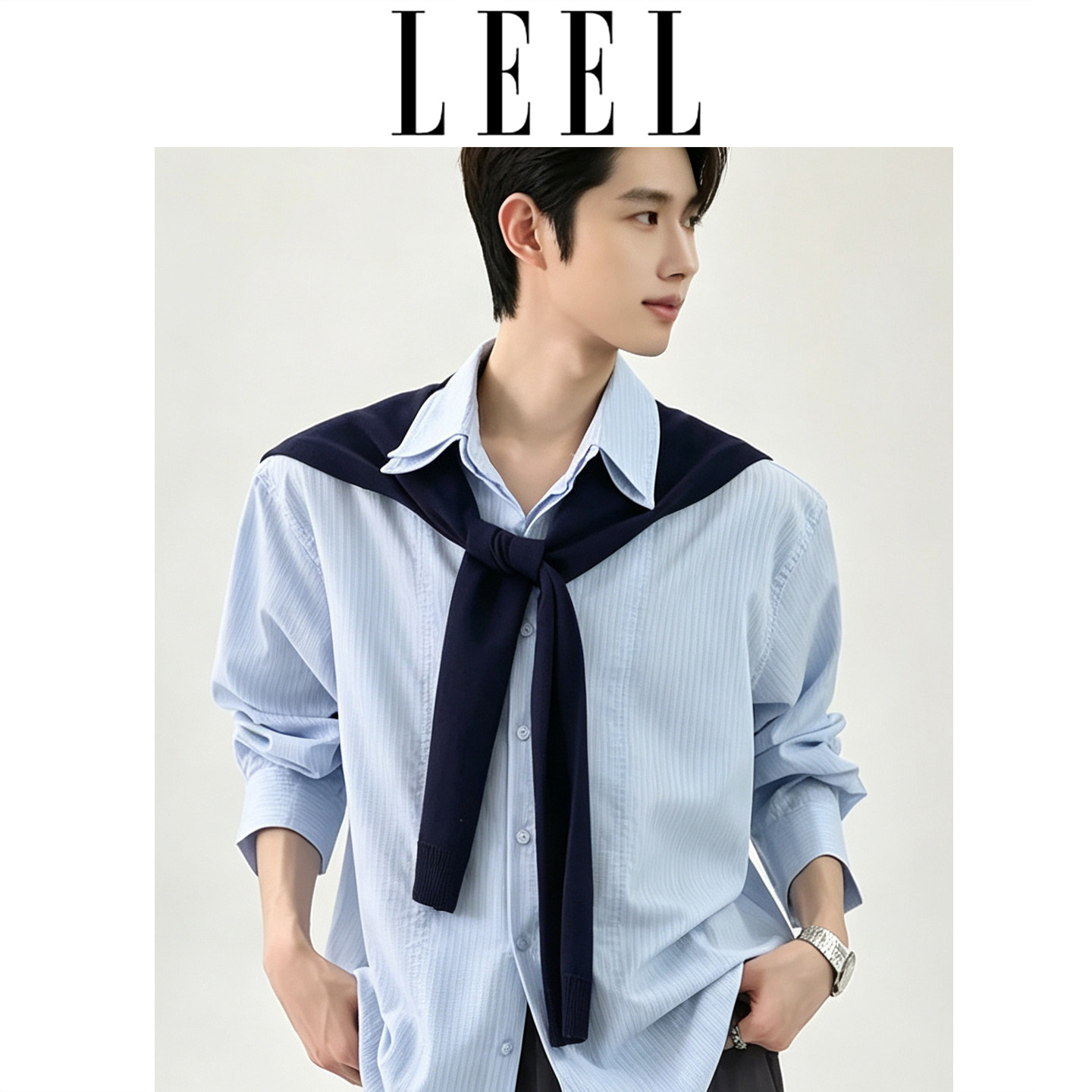 LEEL高级感男士藏青色针织披肩女外搭配短袖衬衫上衣空调薄款坎肩