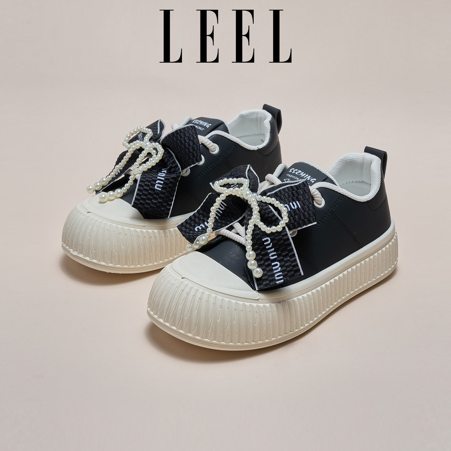 LEEL珍珠蝴蝶结饼干鞋秋季新款帆布鞋百搭女厚底板鞋黑色休闲鞋子