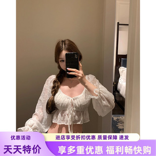 女夏可可薄纱月光蕾丝刺绣白色V领绑带防晒罩衫 板栗高级感雪纺衫