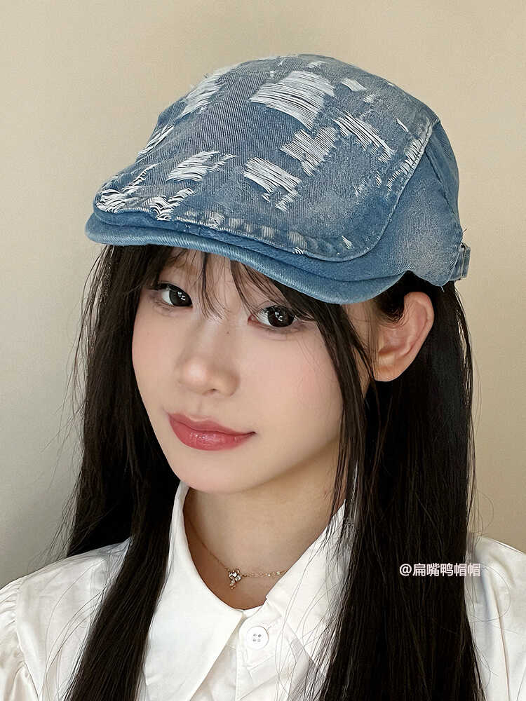 牛仔破洞前进帽男女同款民族风贝雷帽印花百搭鸭舌帽小清新棒球帽