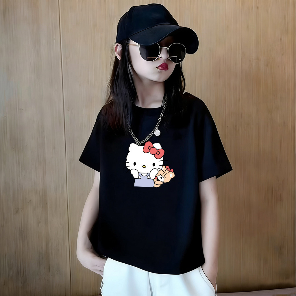 纯棉短袖t恤女儿童夏季新款卡通凯蒂猫字母休闲上衣中大童体恤衫