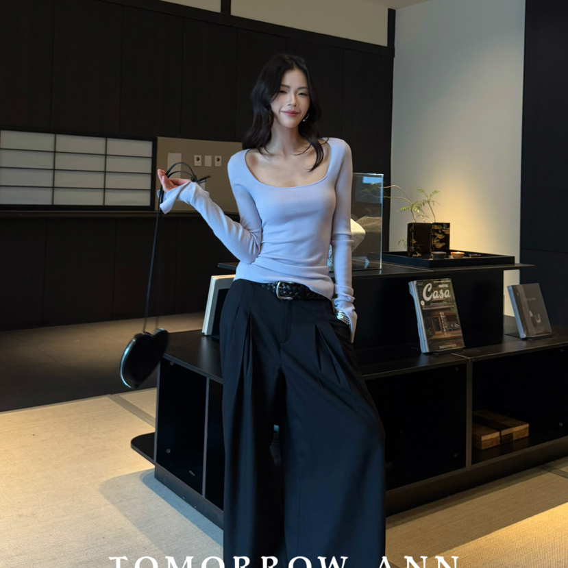 TOMORROW ANN-新时尚百搭高腰设计通勤阔腿休闲裤（含7羊毛）1200