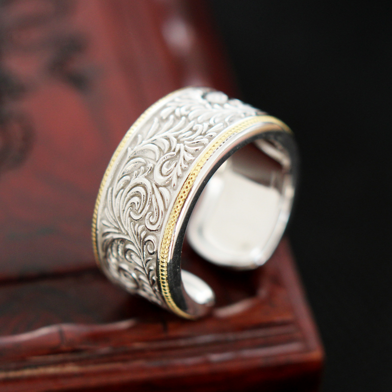 纯银国风唐草纹戒指男女款