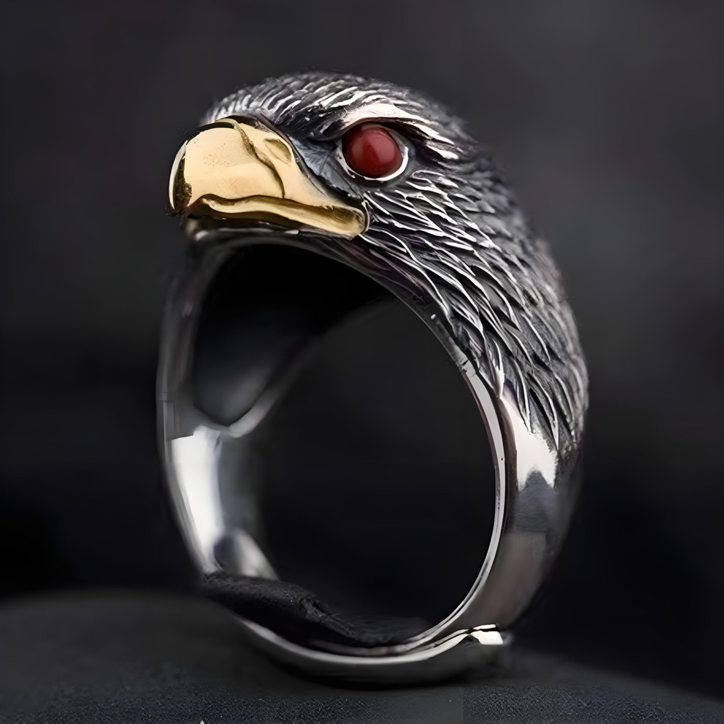 纯银鹰头戒指男款复古民族风鹰戒指指环镶嵌松石南红玛瑙活口可调