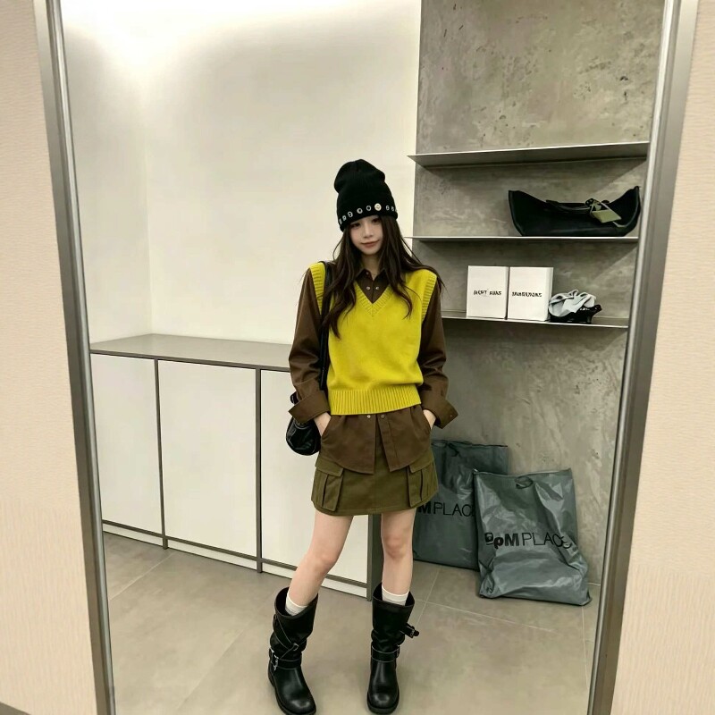 秋季韩版显瘦针织背心衬衫套装