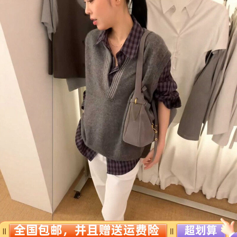 秋季韩版显瘦针织背心格子套装女