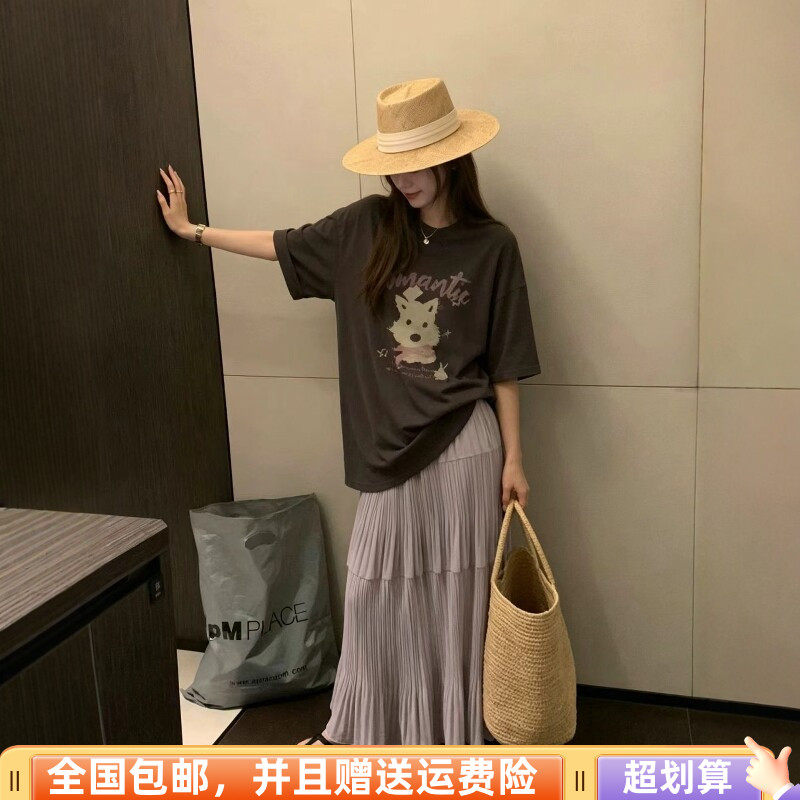 2026夏季新品韩版宽松显瘦短袖T恤加半身裙长裙两件套套装女潮