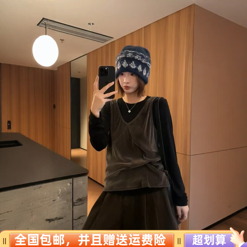 秋季丝绒背心T恤两件套女显瘦
