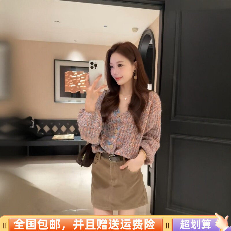 秋季宽松显瘦粗针灯笼袖开衫女