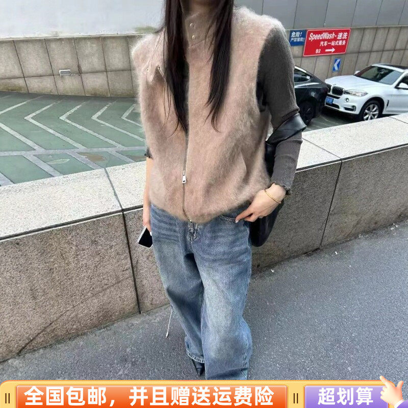 女立领拉链针织假两件保暖马甲