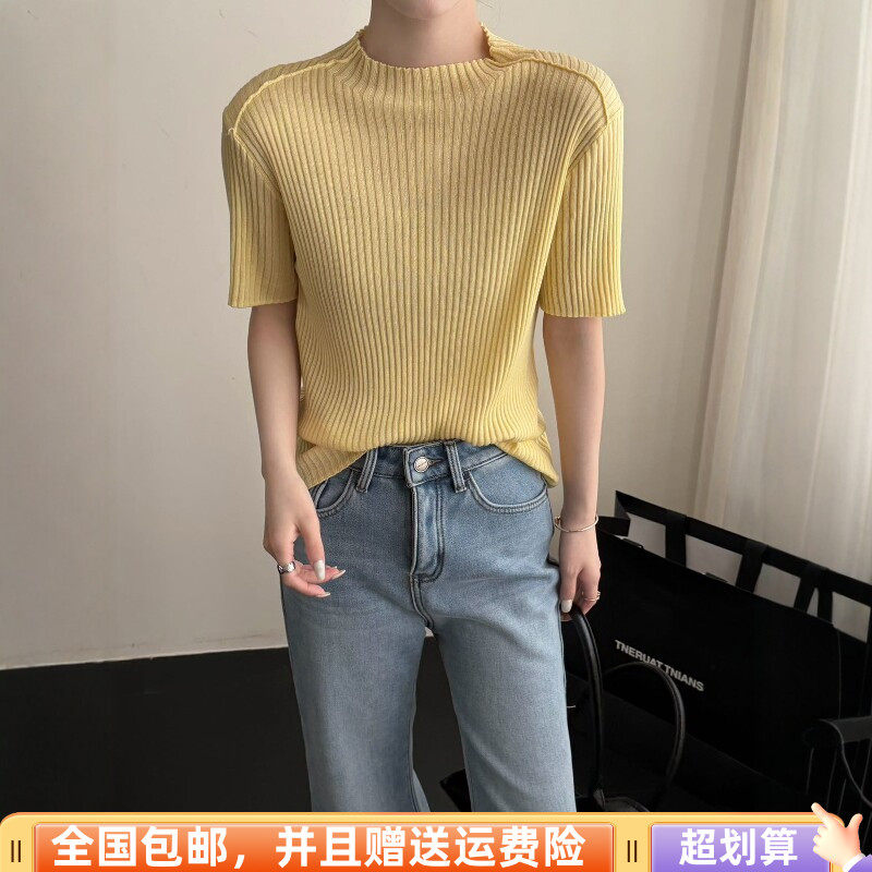 2026春季新品韩版显瘦羊毛糖果色短袖针织衫打底衫弹力上衣女减龄