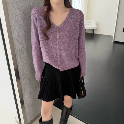 秋季宽松显瘦V领毛针织开衫女
