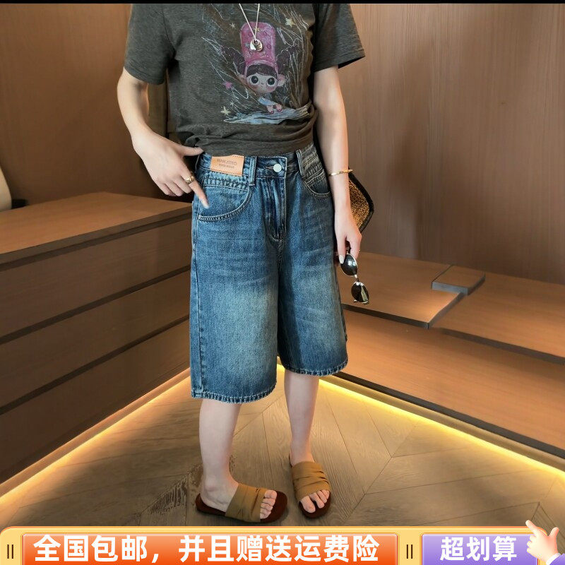 复古做旧牛仔五分裤女夏季高腰直筒宽松百搭休闲短裤中裤时尚潮