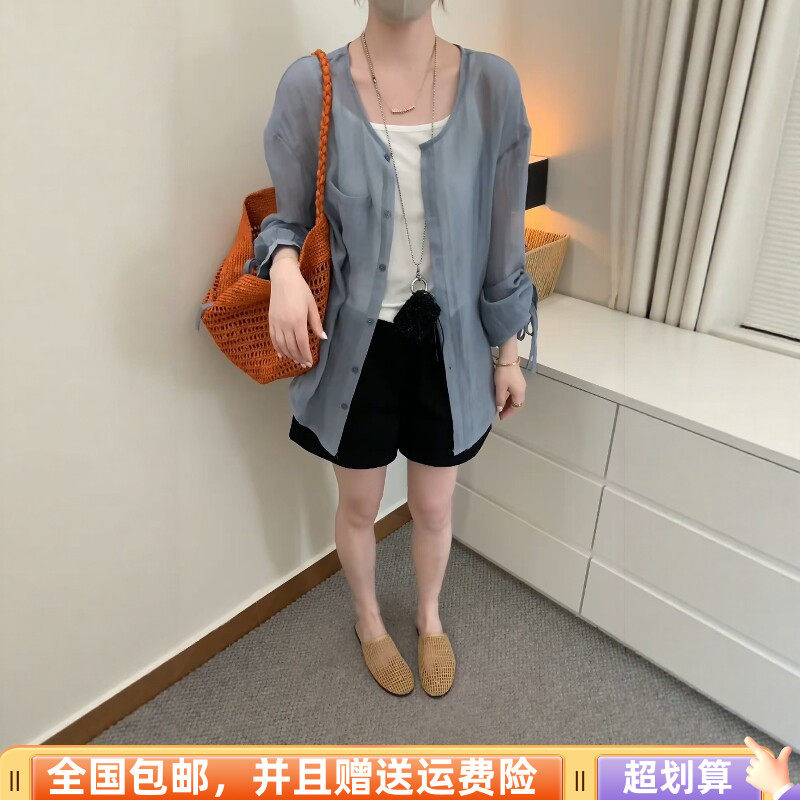 慵懒风圆领麻料防晒衬衫女宽松长袖中长款薄款衬衣2026夏季新品潮