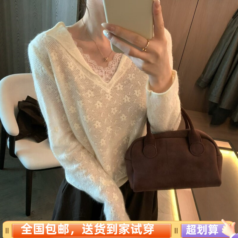 秋季蕾丝拼接V领宽松打底衫女