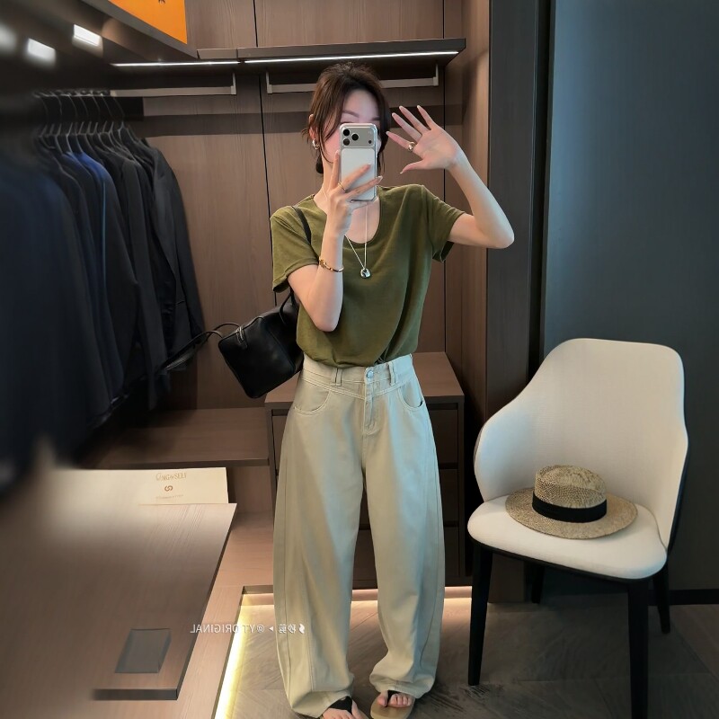 2026夏季新品韩版宽松显瘦V领短袖T恤面膜T时尚减龄光版女潮弹力