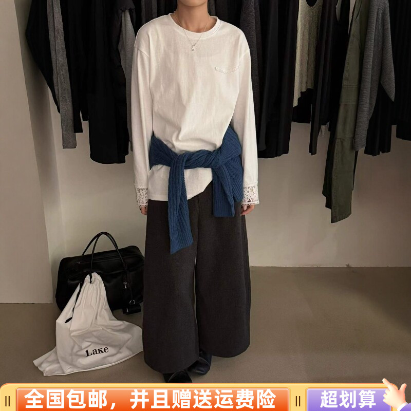 秋韩版宽松显瘦蕾丝拼接长袖T恤