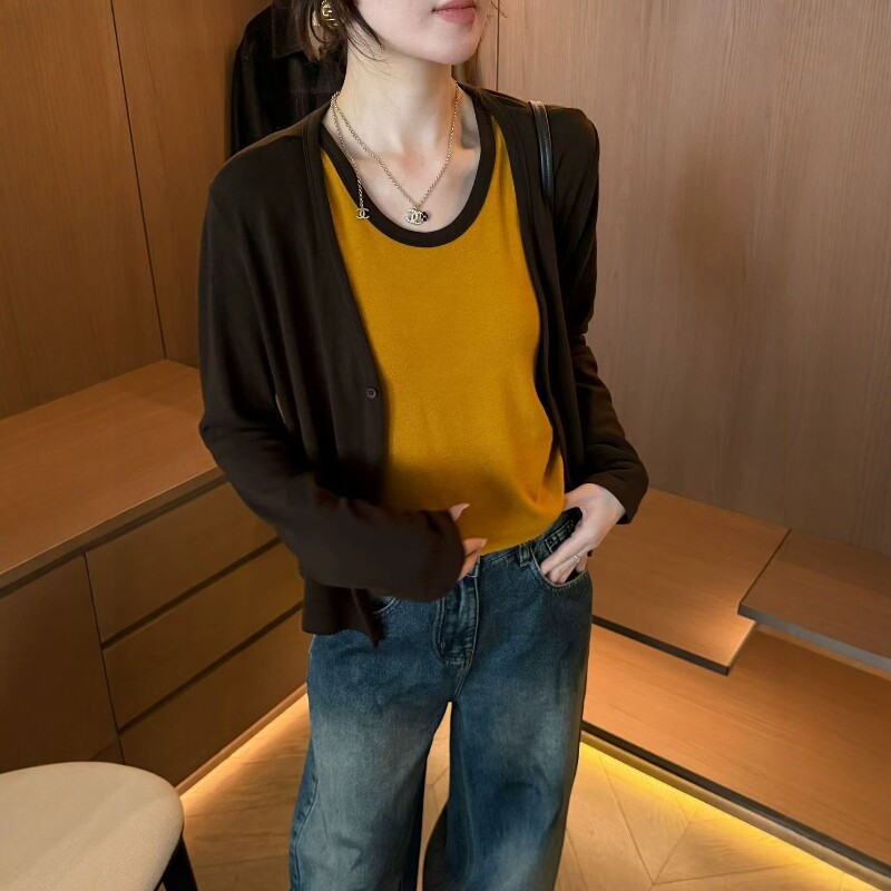 秋季撞色显瘦背心开衫两件套女
