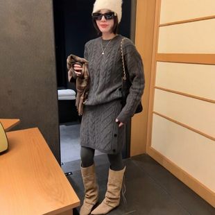 2025冬季新款韩版宽松显瘦羊毛套头毛衣加半身裙两件套套装时尚女