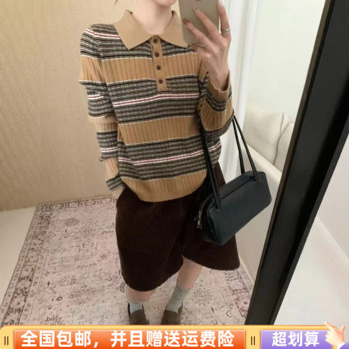 冬季POLO领撞色显瘦女针织衫