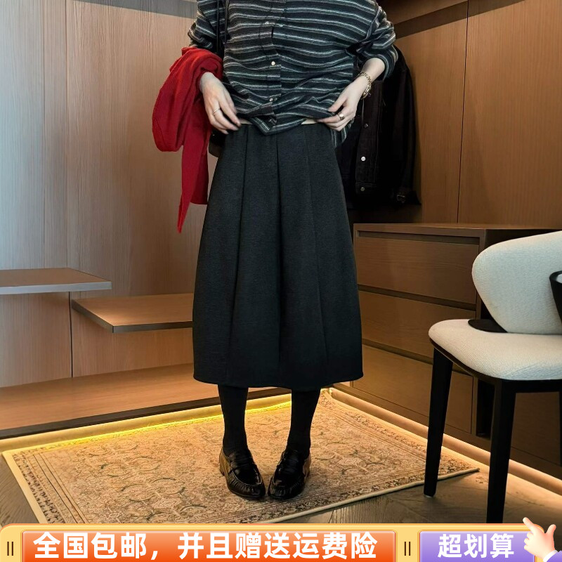秋季韩版高腰显瘦A字毛呢长裙