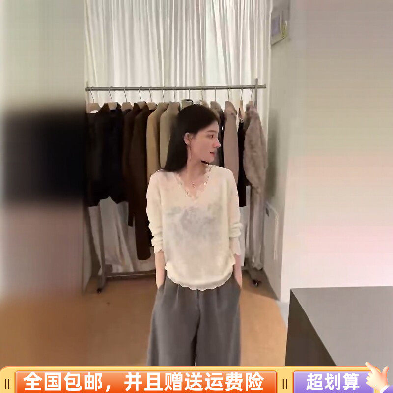 休闲风V领蕾丝花边针织衫女宽松百搭减龄上衣2026冬季新品时尚潮