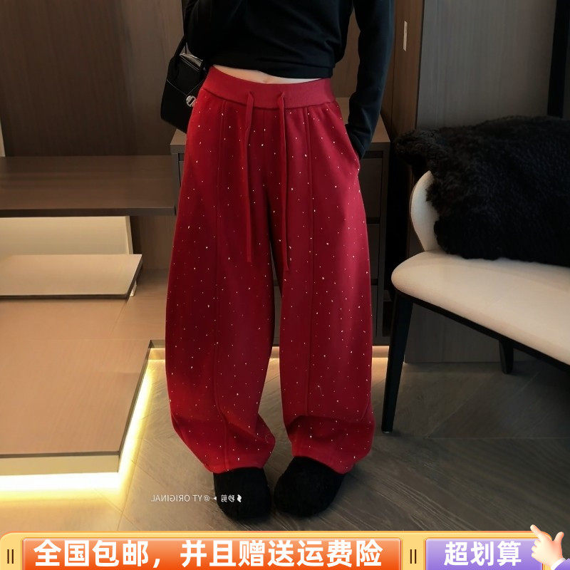 2025冬季新品韩版宽松显瘦休闲裤加绒加厚重工烫钻设计直筒裤女潮