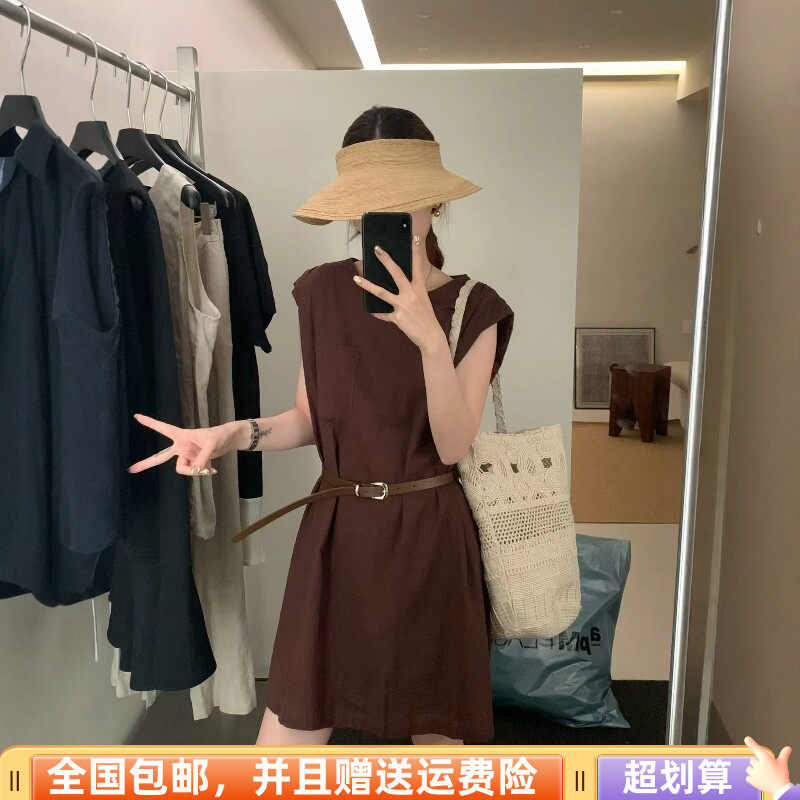 夏季韩麻料无袖配腰带减龄连衣裙